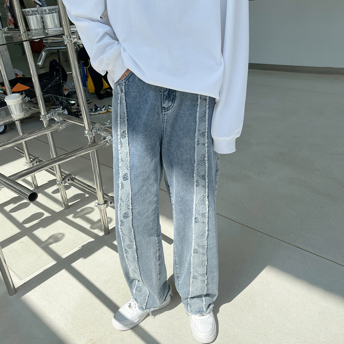 CNLONGBIDA Men's Jeans Denim Men's Contrasting Washed Loose Straight Leg Cashew Flower Color Blocked Denim Pants Trendy