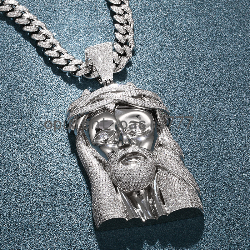 Iced Out Hip Hop Jewelry Big Size 18K Gold Plated Brass moissanite Diamond Jesus Pendant Necklace With Cuban Link Chain for Men