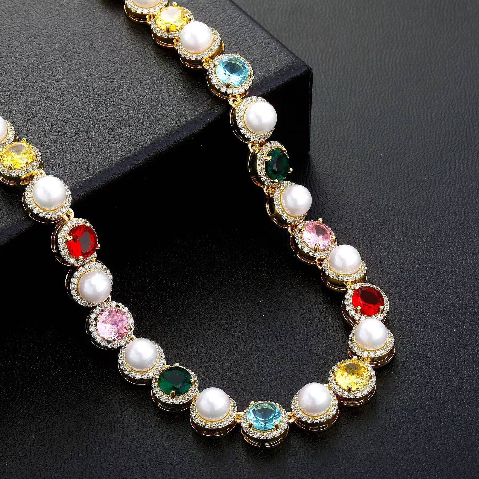 DE Chic Dazzling Fashion Brass Jewelry Iced Out 18k Gold Plated Bling Pearl Link Chain Colorful Gemstone Zircon Necklace