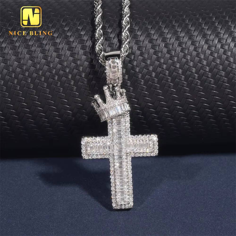 NEW ARRIVAL Crown Cross Pendant Baguette Moissanite Hip Hop Pendant Jewelry Moissanite Pendant