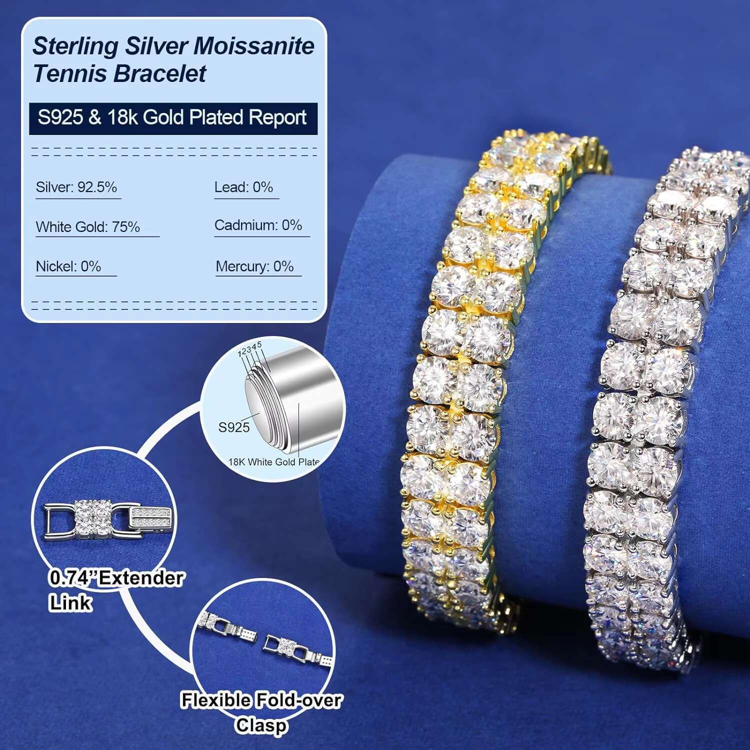 10mm Hiphop Double Rows Moissanite Bracelets Lab Grown Diamond Tennis Bracelet 925 Sterling Silver Moissanite Tennis Bracelet