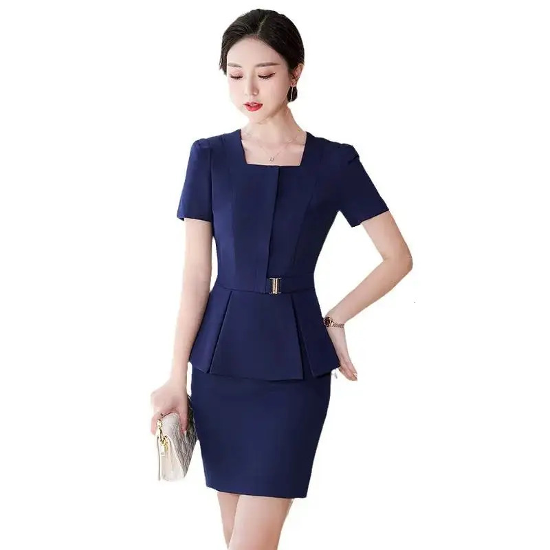Summer short sleeved elegant blue formal professional womens business suit OL style office pants jacket set 250530