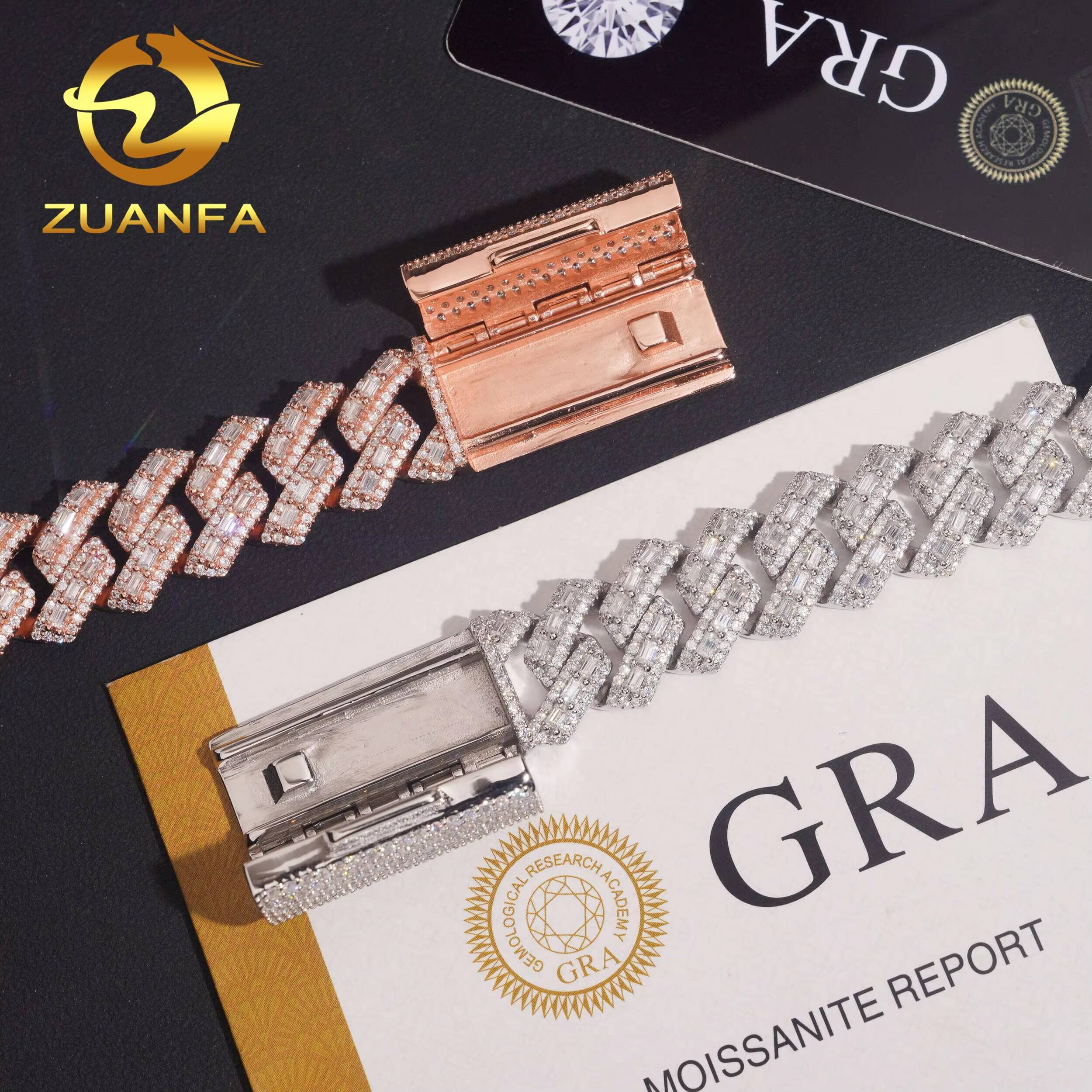 Luxury Top Quality 925 Sterling Silver Hip Hop 16mm Baguette Men Rose Gold Moissanite Cuban Link Bracelet
