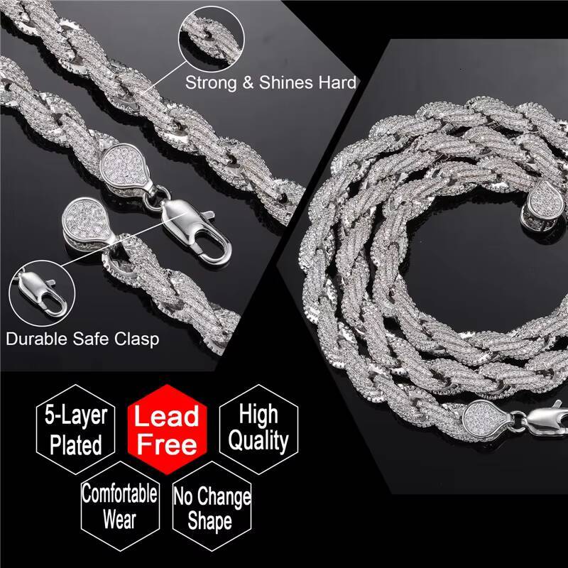 Fashion Trendy Hip Hop Chain Jewelry 8mm Mens Real Silver Gold Plated Twist Chain Iced Out Full of Diamond Rope Chain Necklace