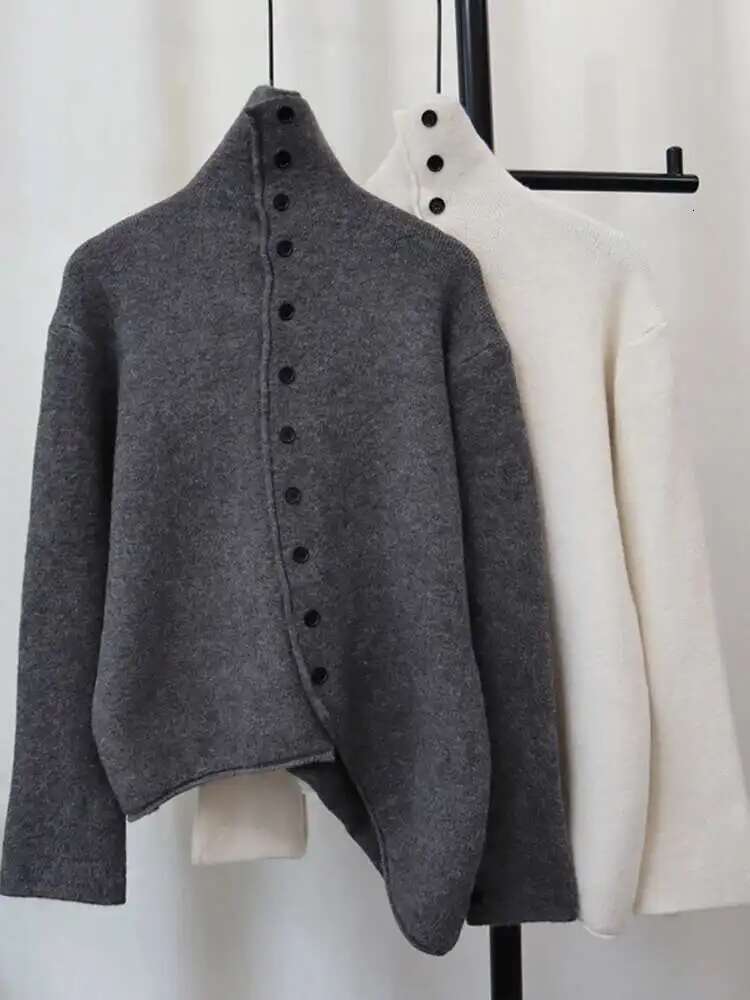 GVUW Knitted Irregular Sweater Women Single Breasted Full Sleeve Turtleneck Solid Color Versatile New 2025 Female Tops 17G8404 fashion clothing women
