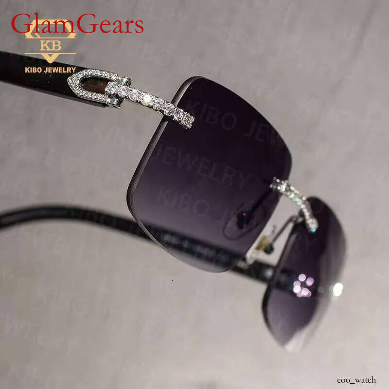 Iced Out Hip Hop Glasses Black Buffalo Horn Rimless VVS Moissanite Sunglasses for Men