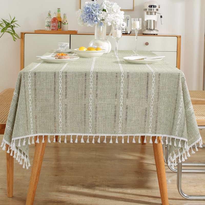 W03 Nordic tablecloth hollow tassel tablecloth solid color long striped jacquard tablecloth coffee table mat cotton and linen