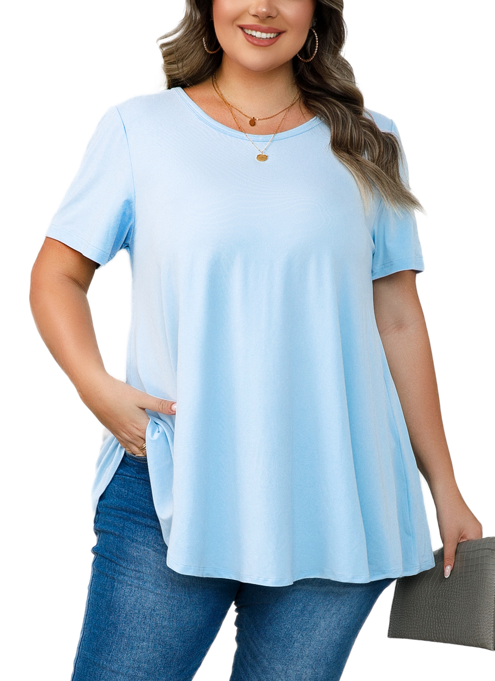 Tunic Tops for Women Plus Size Short Sleeve Crew Neck Swing Flare Loose T-Shirt Blouses to Wear with Leggings Light Blue Tunics