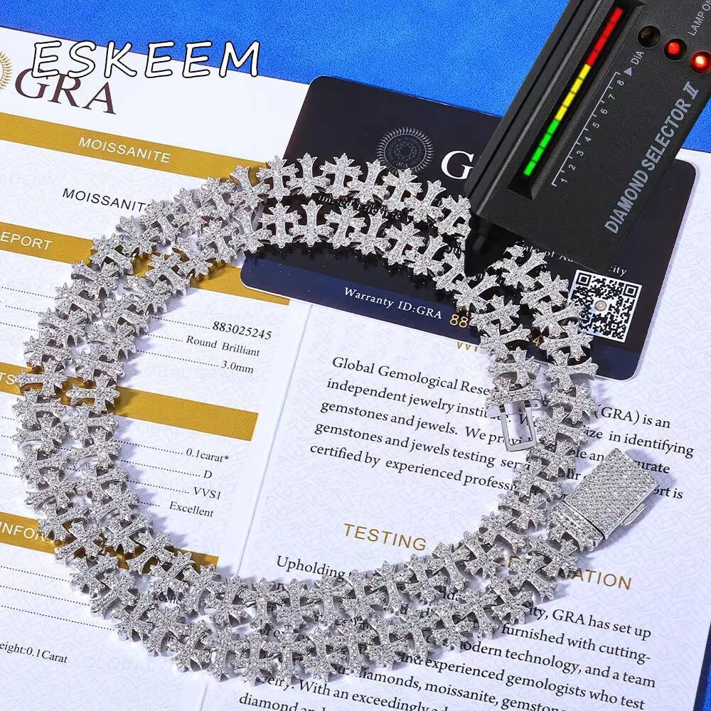 Eskeem Luxury 925 Silver Cross Chain Necklace 85/11mm VVS Moissanite Cuban Link Design Hip Hop Diamond Jewelry