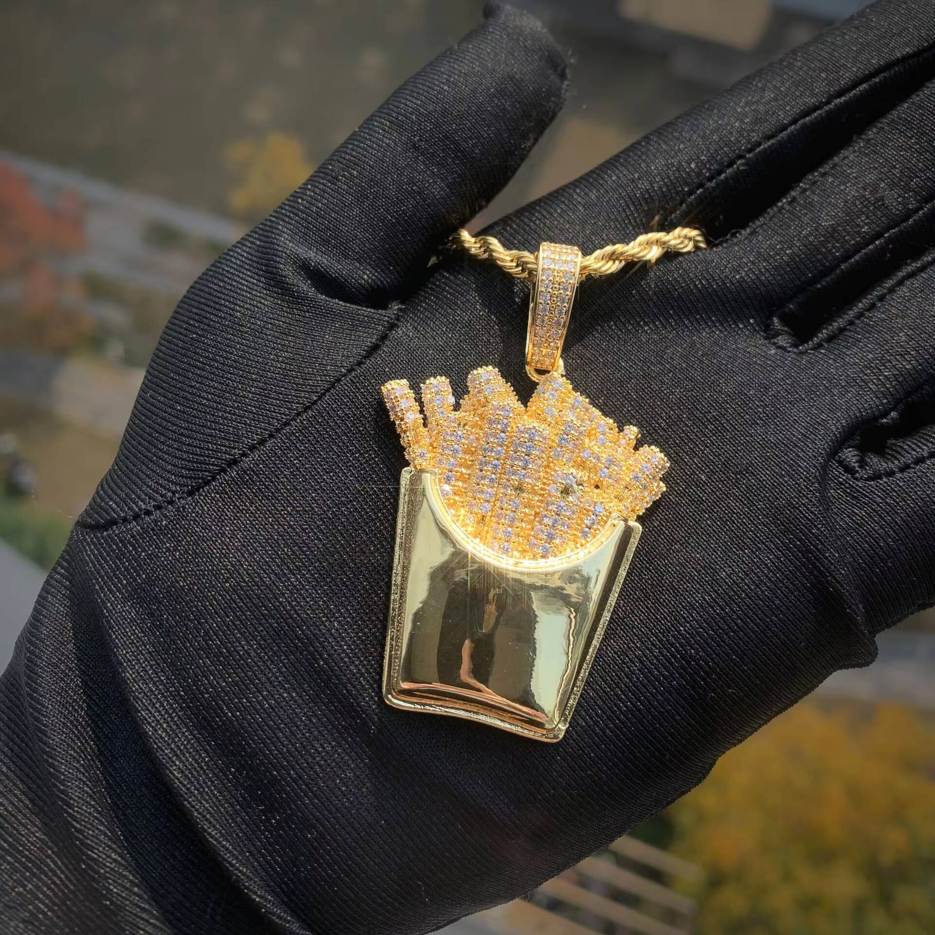 Wholesale Luxury Stainless Steel Colorful French Fries Pendant Necklaces Iced Out Zircon Necklace Hiphop Fashion Jewelry