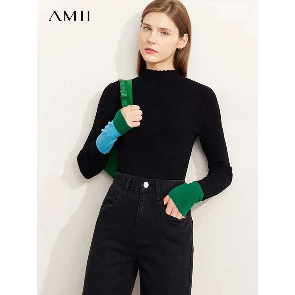 AMII Minimalist 2025 Winter New Sweaters For Women Office Lady Basics Half High Collar Color Contrast Slim Pullovers 12324067