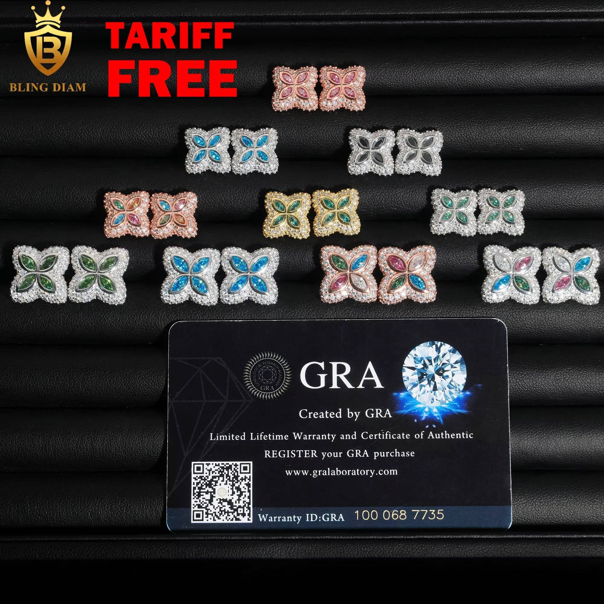 Fine Jewelry 925 Sterling Silver Vvs1 Moissanite Clover Stud Earrings Fashion Colorful Stone Marquise Cut