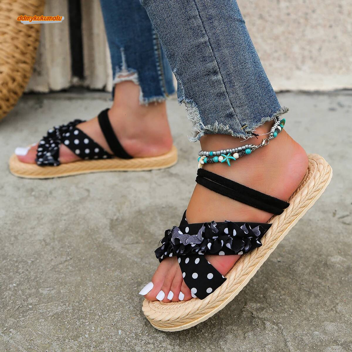 Women's fashion trend, anti slip and wear-resistant lace strap flat heel sandals ddmykukumalu