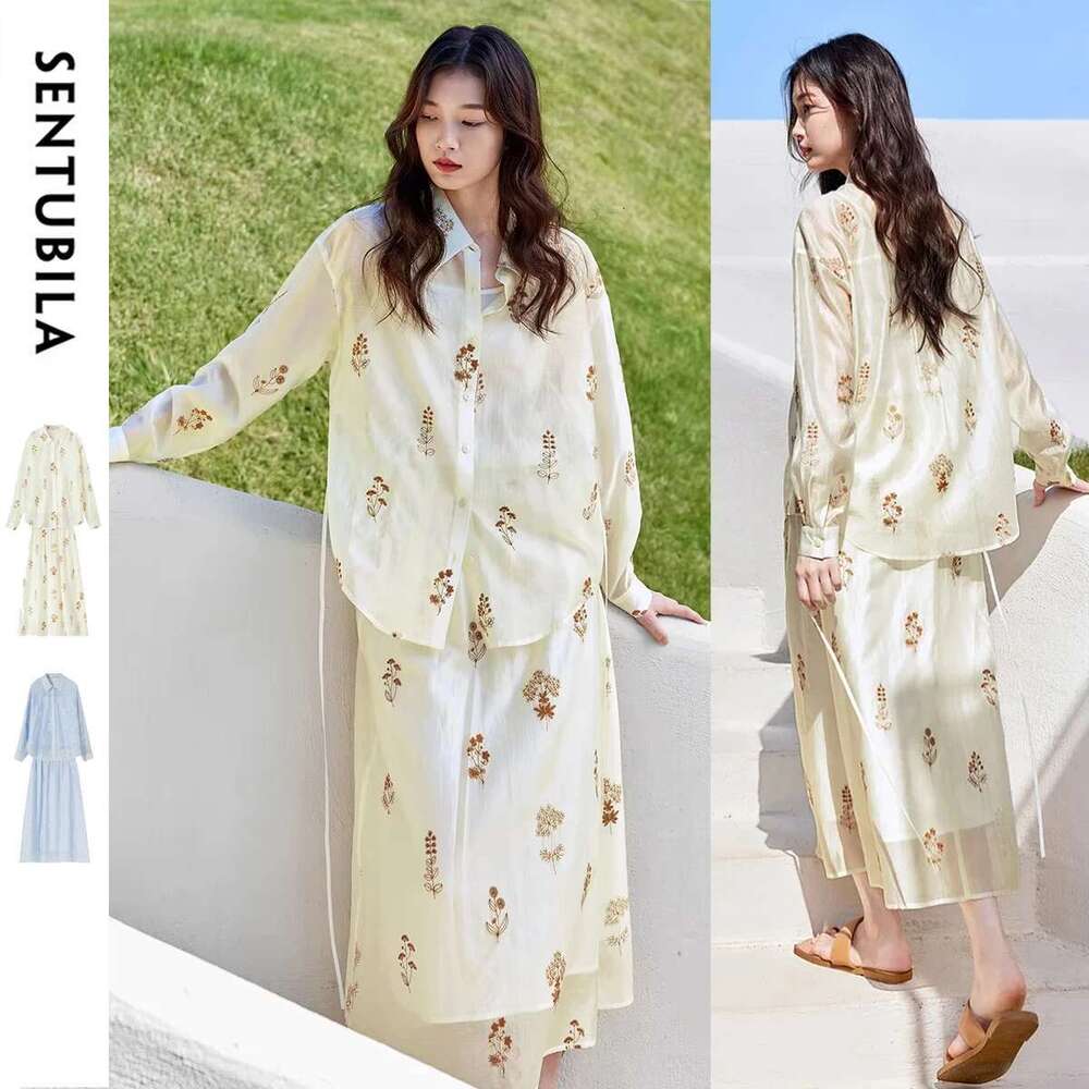 SENTUBILA Women Outfit Loose Embroidery Lace Up Shirt Elastic Waist Skirt Lyocell New Match Sets 2025 151Z58161
