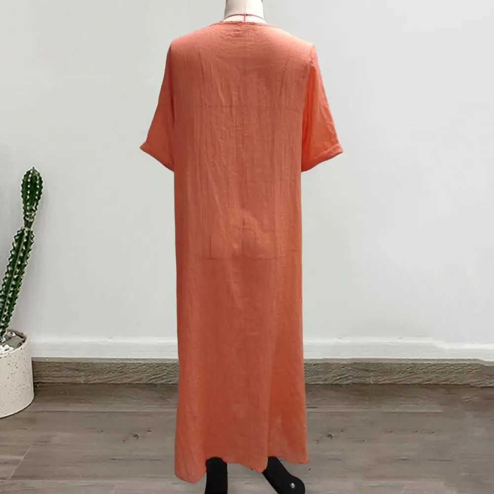 2024 Bohemian style cotton linen loose dress womens V-neck dress retro straight beach dress soft and breathable long dress W250430