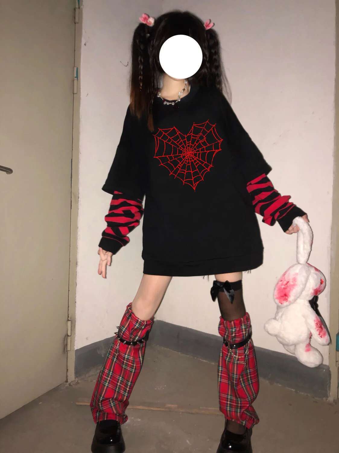GOTH GIRL Sweet Women Goth Haruku Black Long Sleeve Fake Two-piece Spider web Japanese Punk Streetwear Alt E-Girl sweatshirt fashion clothing women