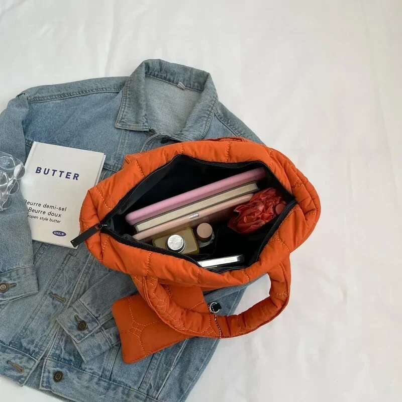 Fashion Quilted Embroidery Thread Handbag Lightweight Puffy Top Handle Large Capacity Ladies Small Totes Bag With Mini Purse Bag