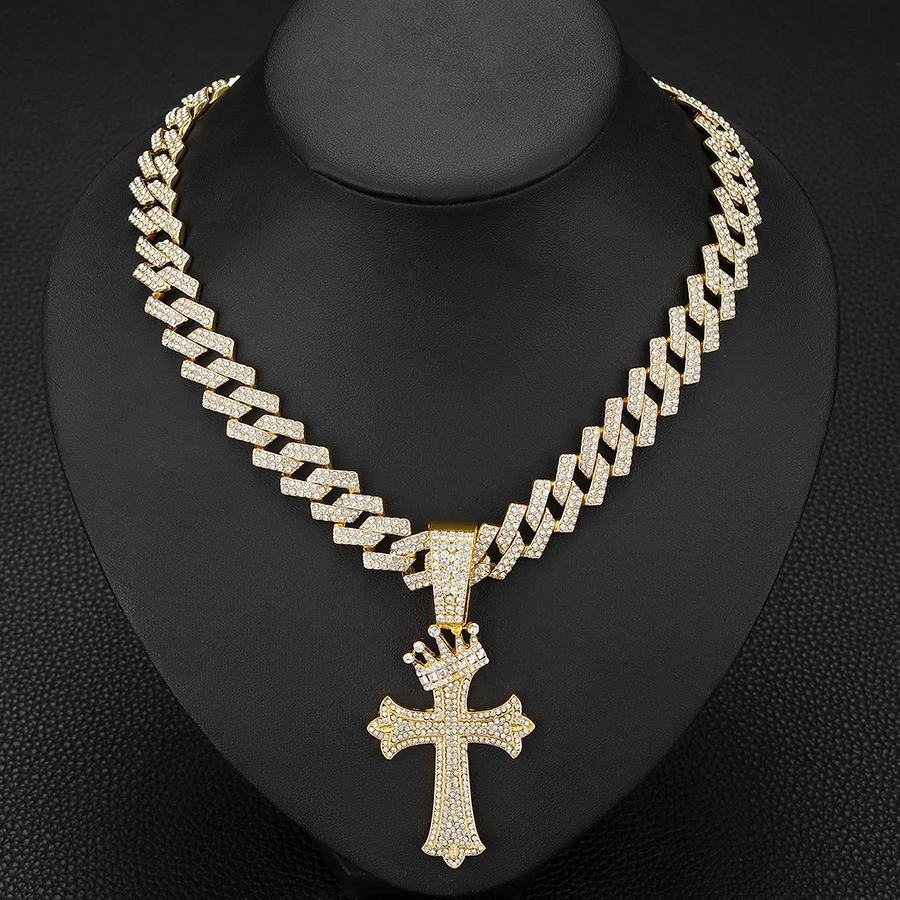 Iced Out Big Cuban Chain With Hip Hop Alloy And Full Bling Rhinestone Crown Cross Pendant Choker Necklace 250428