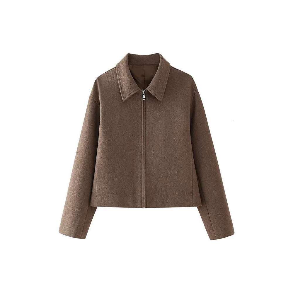 new women's clothing European American style simple and versatile retro brown zipper long-sleeved short jacket