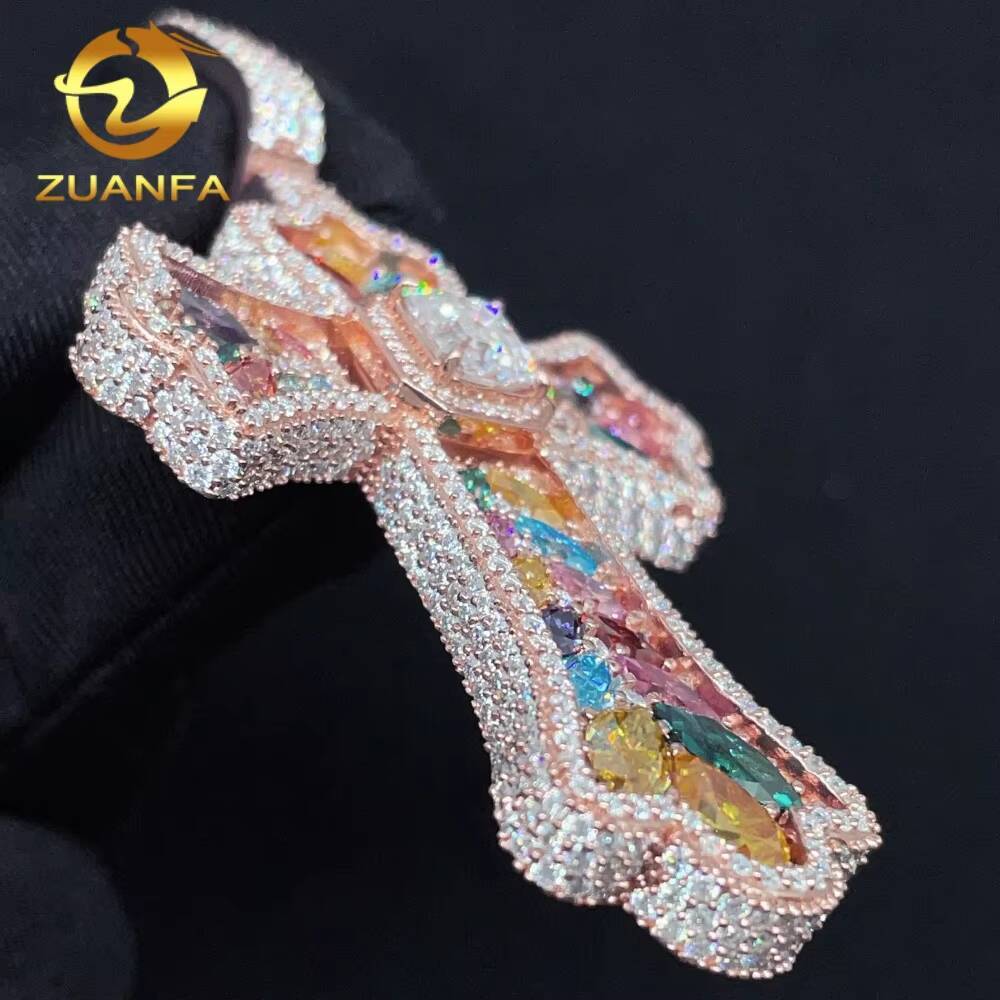 New Style RTS GRA Cert Pass Diamond Tester Solid 925 Silver Gold Plated Iced Out Colorful Fancy Moissanite Cross Hip Hop Pendant