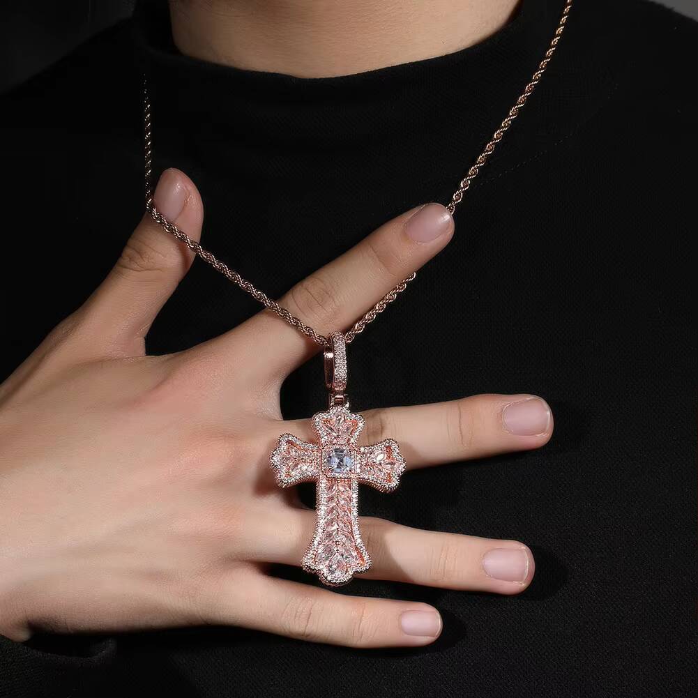 Luxury Unisex 18K Gold Plated Brass Hip Hop Jewelry Full Zircon Colorful Sparkling Wheat Cross Pendant for Party or Gift