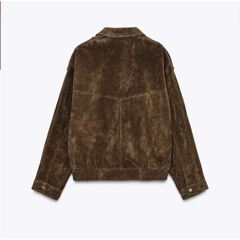 Spring High Street Women's Coat Brown Big Pocket Long Sleeve Zipper Female Coats 2025 Fashion Turndown Collar Loose Lady Outwear