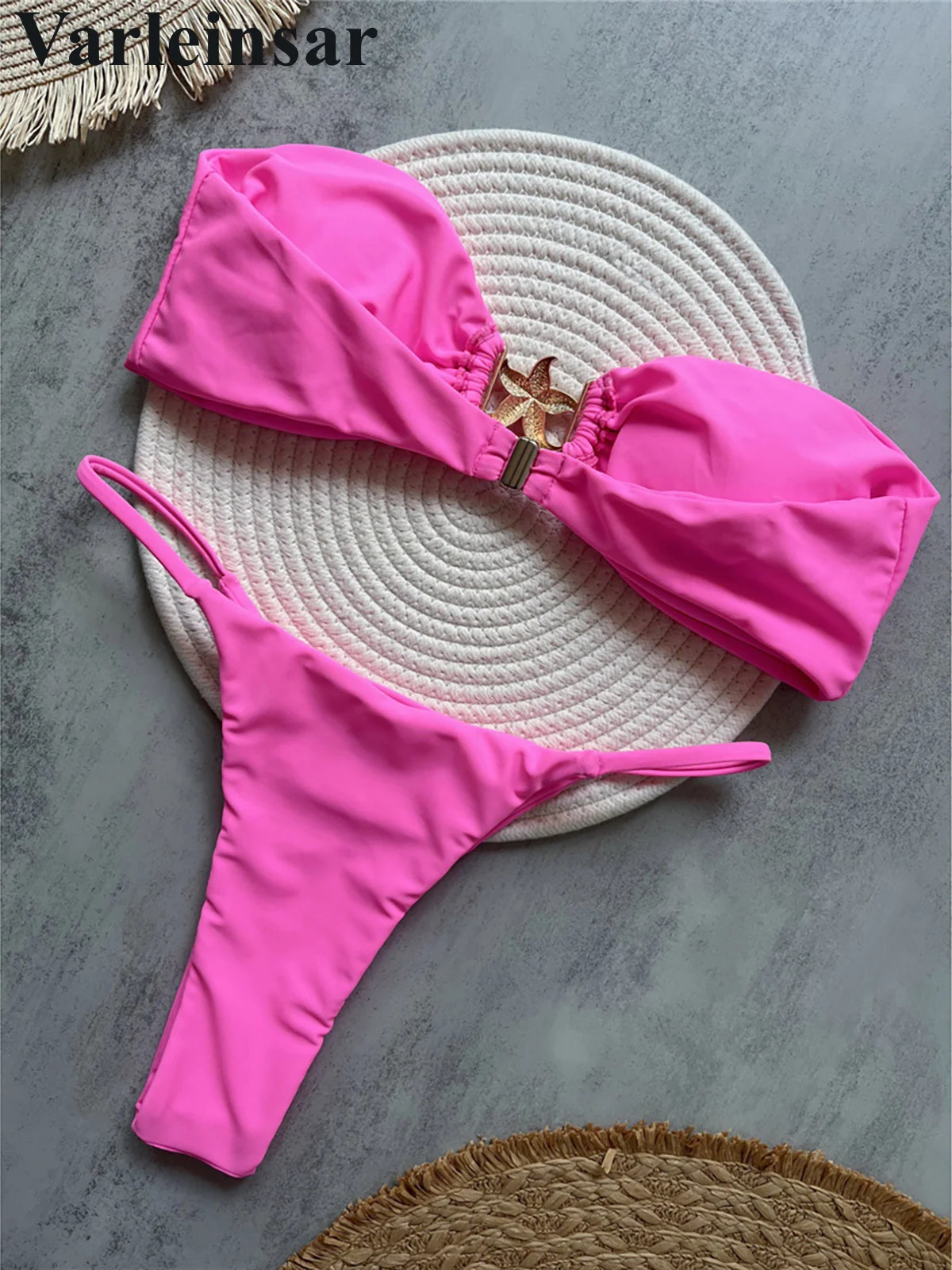 Sexy Metal Star Bandeau High Cut Leg Bikini Female Swimsuit Women Swimwear Two-pieces Bikini set Bather Bathing Suit Swim V6584 250428