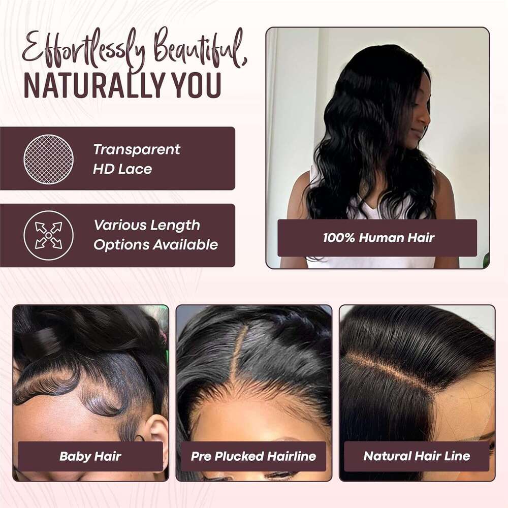 Agape 13x5 Body Wave HD Lace Front Wig 100% Human Hair for Women, 180% Density, Pre-Plucked with Baby Hair, Glueless Transparent Swiss Lace, No Synthe
