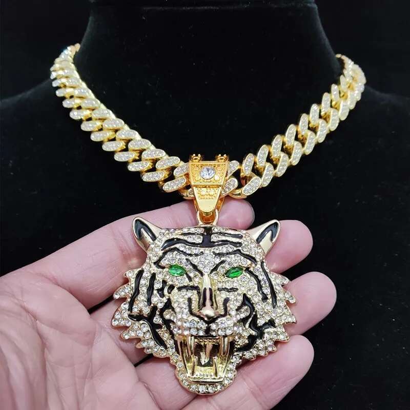 Hip Hop 3D Tiger Pendant Necklace With 13Mm Crystal Cuban Chain Hiphop Iced Out Bling Necklaces Men Women Fashion Charm Jewelry