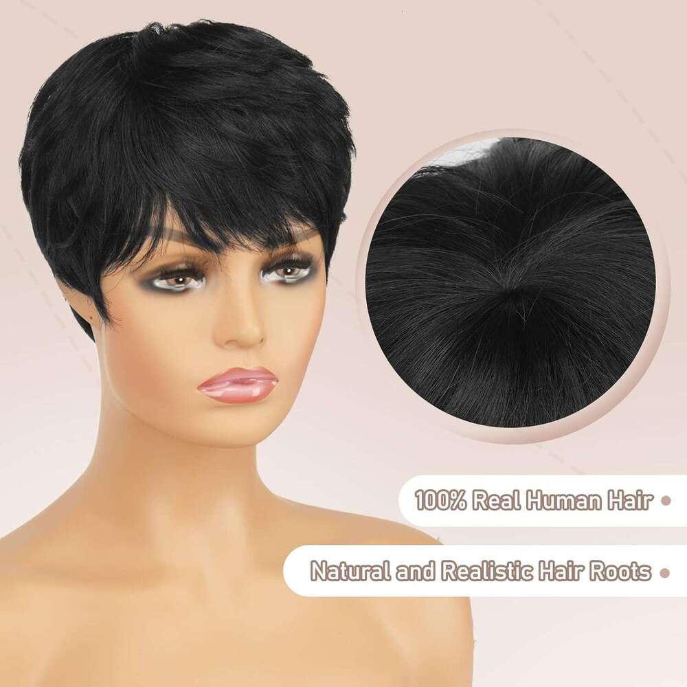 RUWISS Cut Human Hair Pixie with Bangs Natural Wig Layered Wavy Different Style Short Wigs for Black Women (1B#)