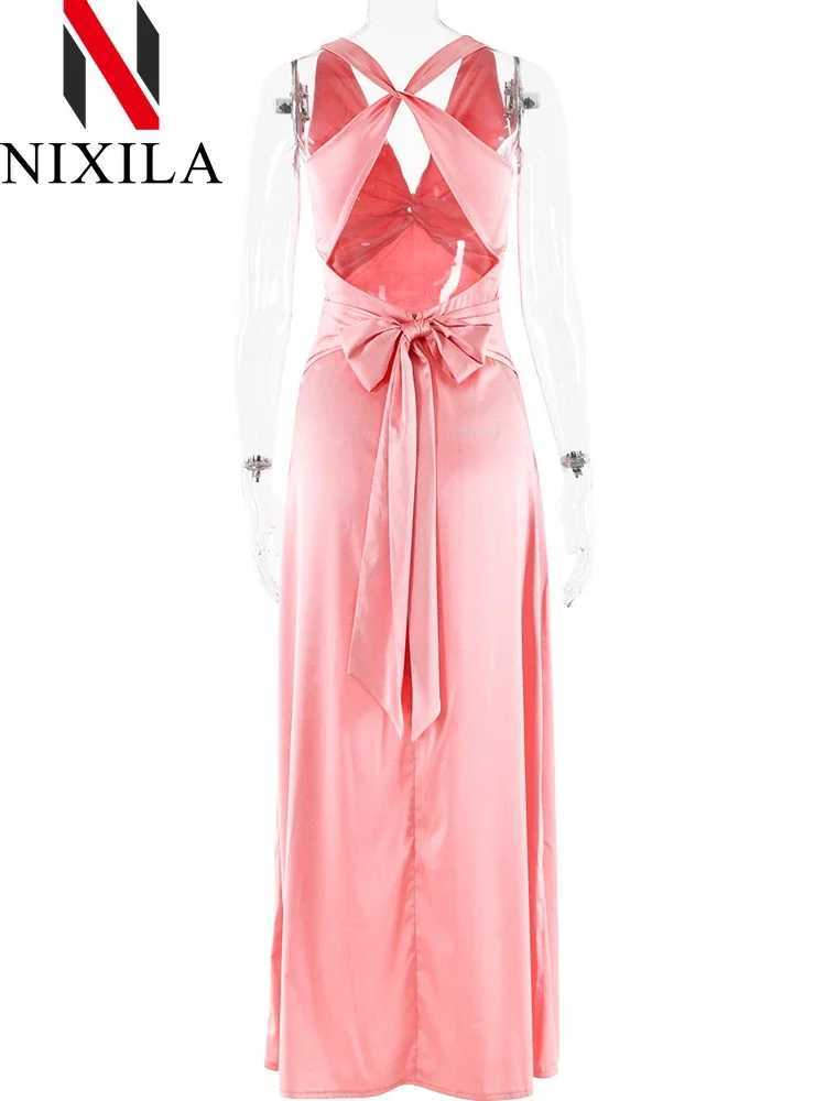 Summer elegant womens fashion sexy V-neck solid shoulder strap backless long ultra-thin satin beach party dress womens clothing W250430