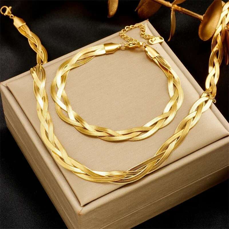 HONGTONG 316L Stainless Steel 3In1 Crossover Snake Chain Necklace Bracelets For Women Girl New Fashion Waterproof Jewelry Set