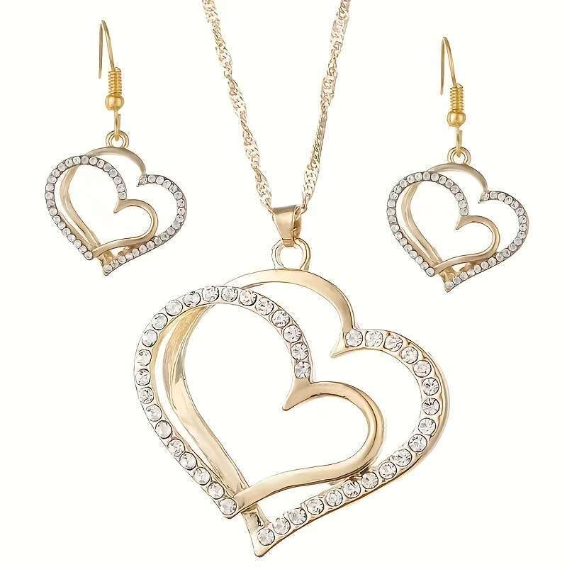 Sparkling Rhinestone Double-Layer Hollow Heart-Shaped Pendant Necklace Women's Temperament Versatile Jewelry Set