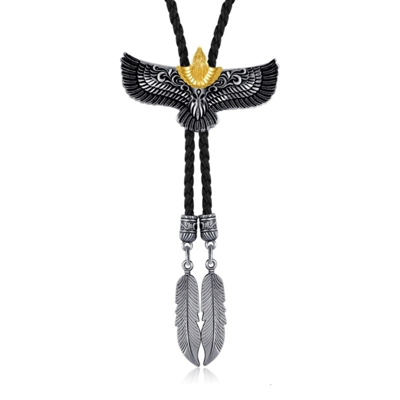 Mens Women American Bolo Tie Western Cowboy Leather Rope Necktie Metal Flying Eagle Feathered Pendant Western Necklace 250430