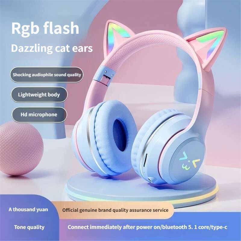 Luminous Over-Ear Gradient Color Cat Ear Stylish Gaming Wireless Headset with Wireless Connectivity Compatible with Mobile Phones and Computers