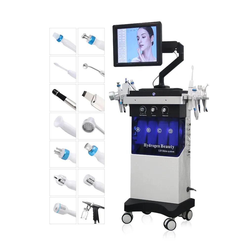 Ultrasound High Frequency 14 IN 1 Facial Vacuum Blackhead Remover Skin Scrubber Oxygen Facial Deep Cleaning Skin Rejuvenation Machine Salon Use