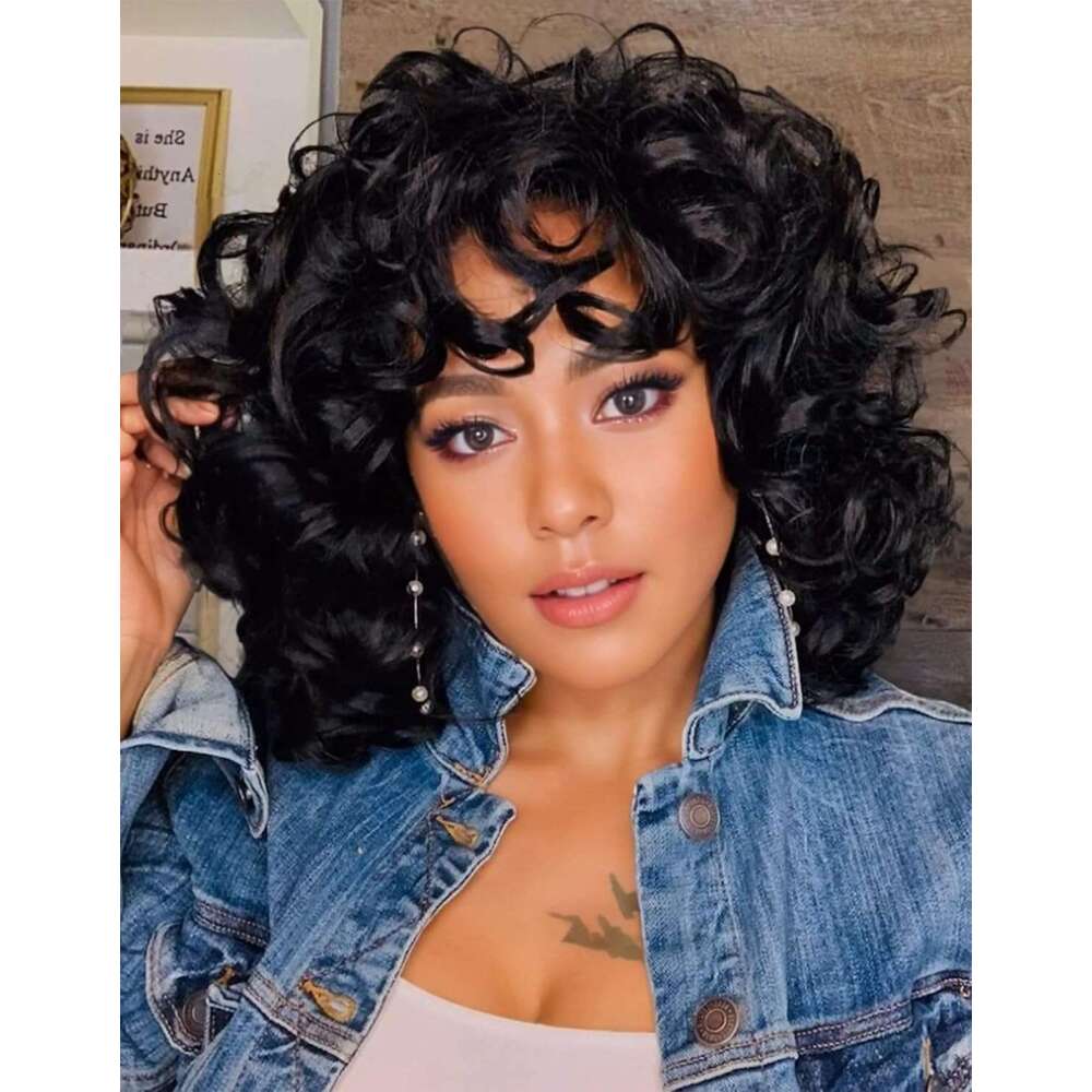 KEAT Women 14" Short Kinky Wig with Bangs Afro Black Curly for African American Cute Natural Synthtic Soft Wigs K001BK