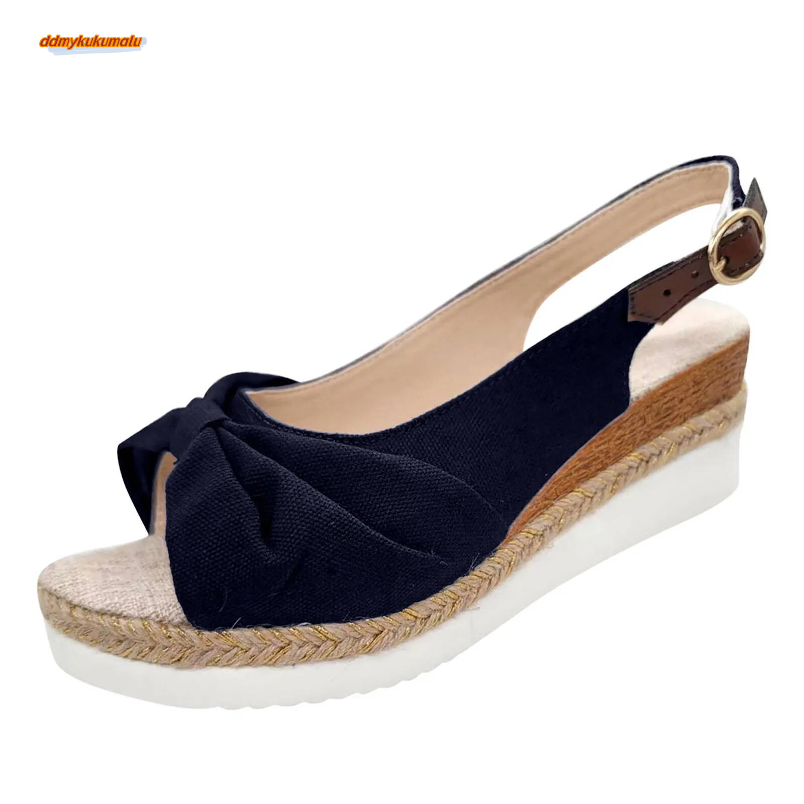 Fish Mouth Fashion Solid Fabric Wedge Heel Buckle Shallow Cut Sexy Women'S Sandals Summer 2024 ddmykukumalu