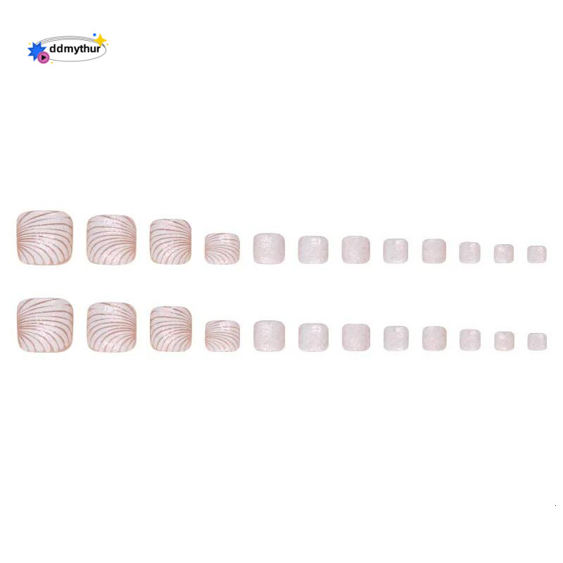 ddmythur 24pcs Shiny White False with Glitter Powder Design Square Fake Toe Nails Women Wearable Full Cover Press on Toenails