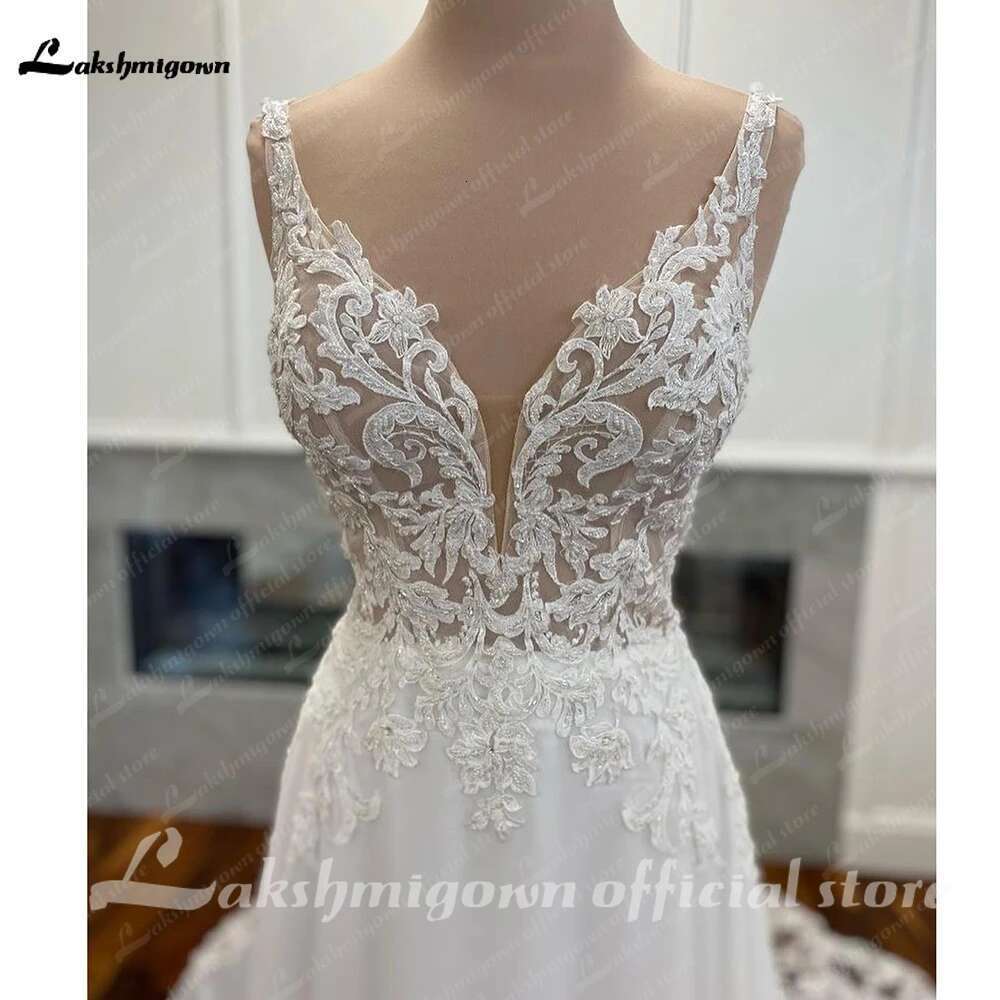 Civil Chiffon Gowns Customized Open Back Bridal Boho Long Wedding Dresses Lace Appliques V Neck Vestido Boda