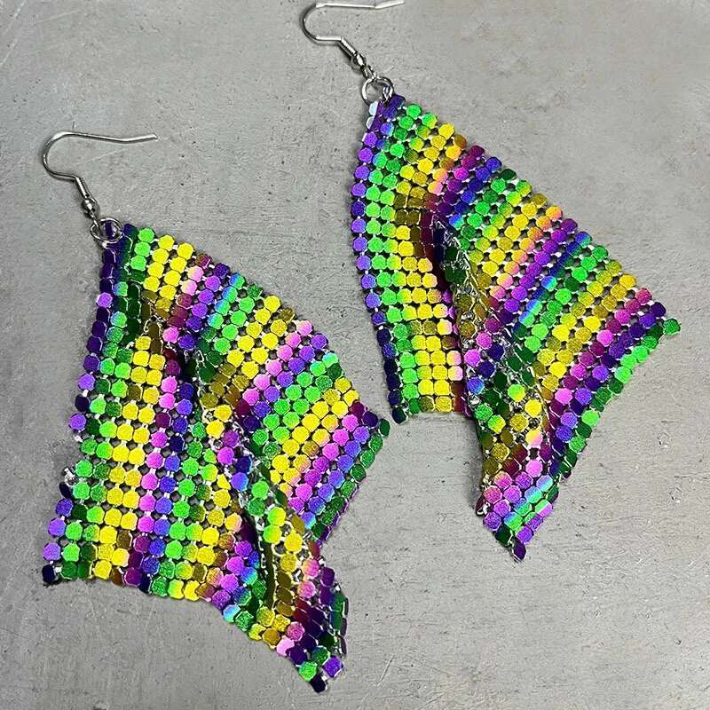 Carnival Purple Green Yellow Soft Feather Shining Water Drop Leather Glitter Pendant Personalized Metal Mesh Earrings