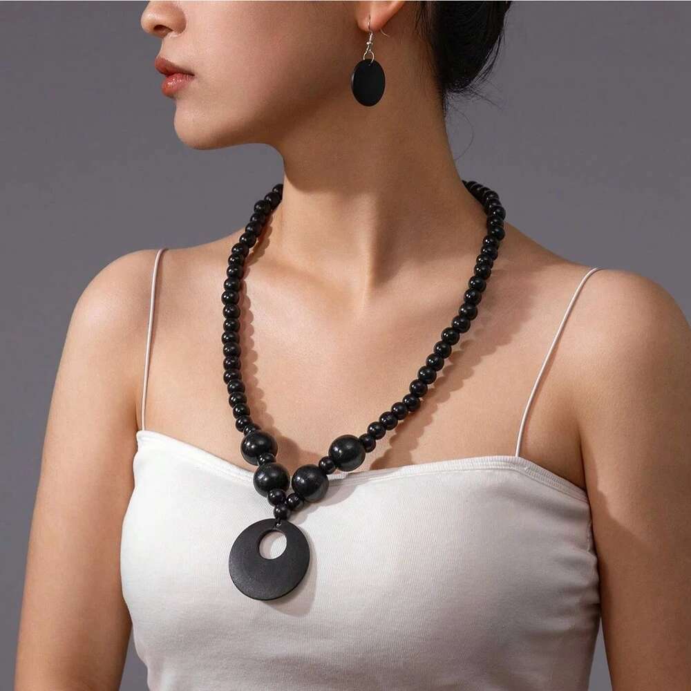 New Fashion Jewelry Set Bohemian Geometric Round Wooden Bead Pendant Necklace And Earrings For Women Vacation Accessories