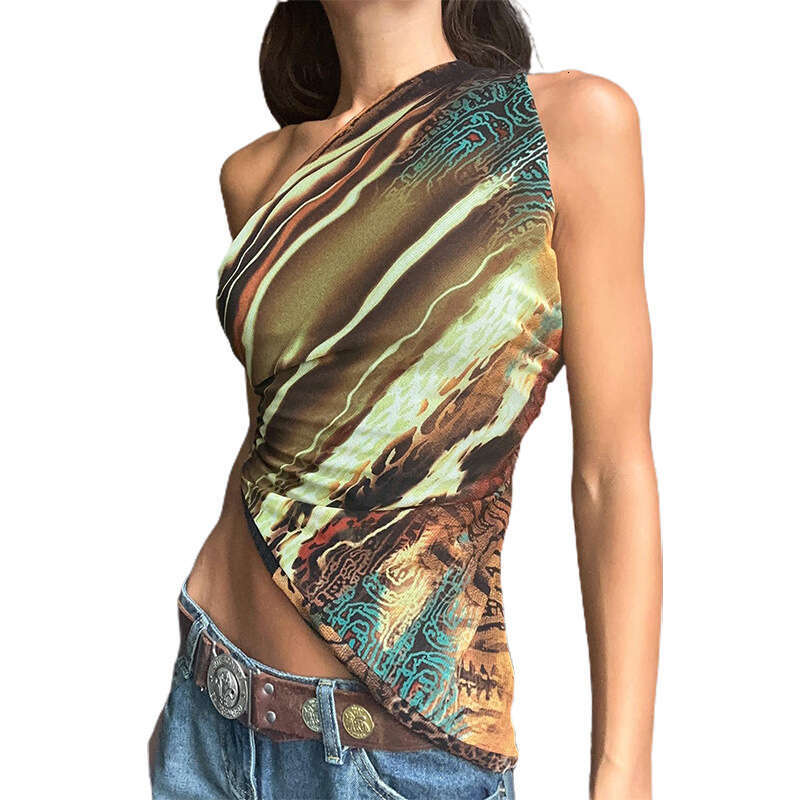 European American style summer women's fashion printed single shoulder sleeves, slanted hem, slim fit base vest, 2025 new style, chic and elegant