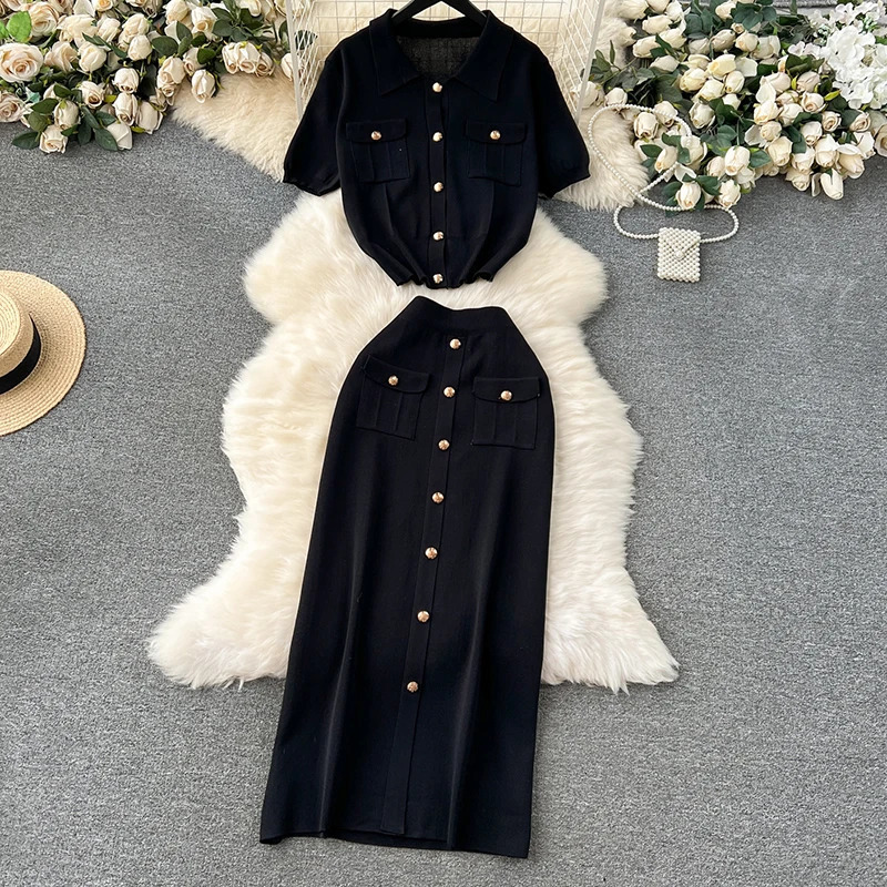 Heliar Elegant Knitted Two Piece Womens Short sleeved Top and Skirt Set with Buttons Summer Solid 250530