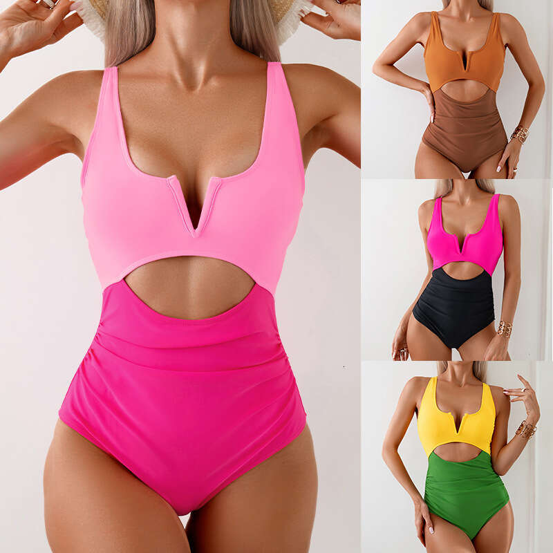 New European and American one-piece women, quick drying, flesh covering, hot spring slimming, contrasting color swimsuit for women wholesale, 2025 new