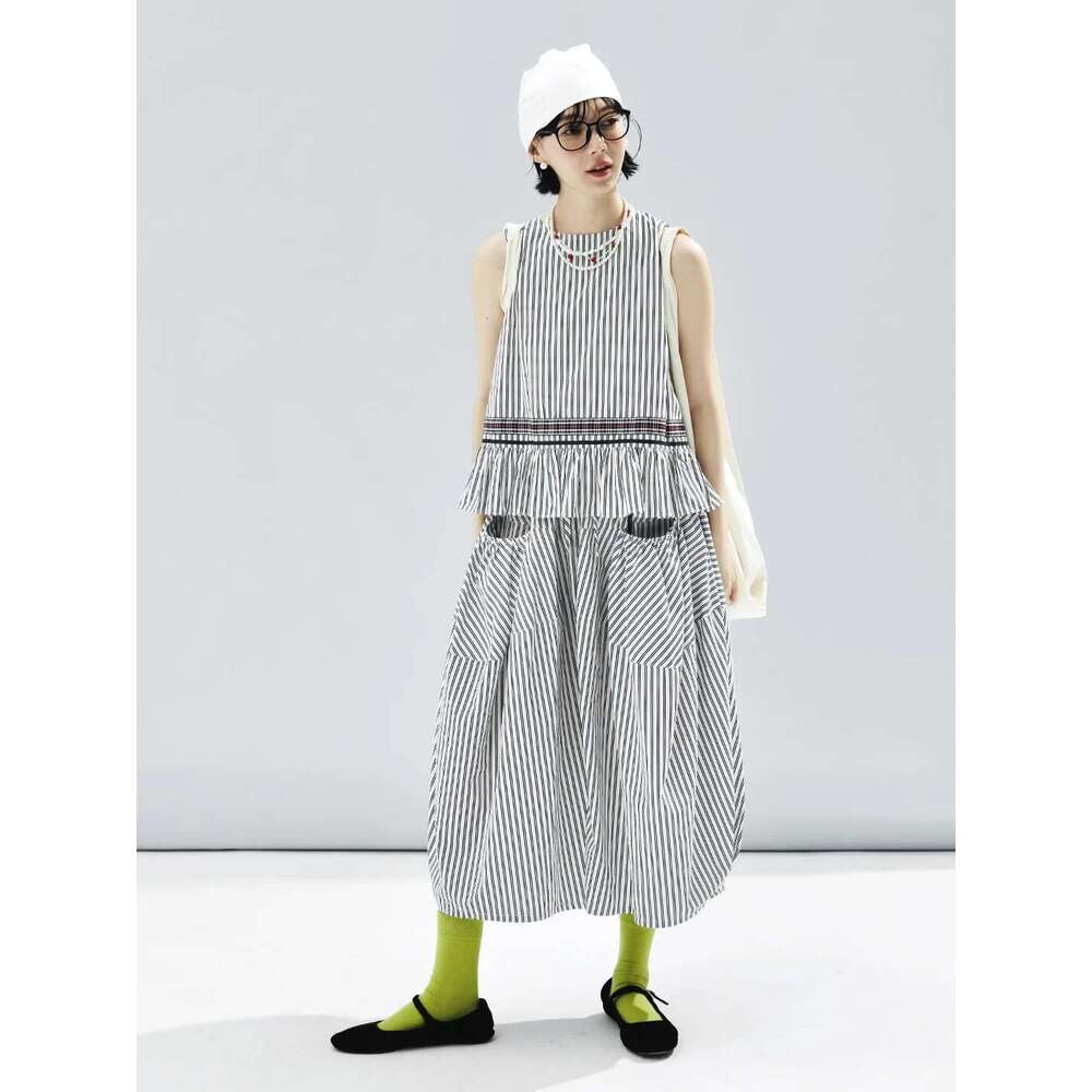 IMAKOKONI Original Design Elastic Waist Striped Print Pocket Skirt Women 244590
