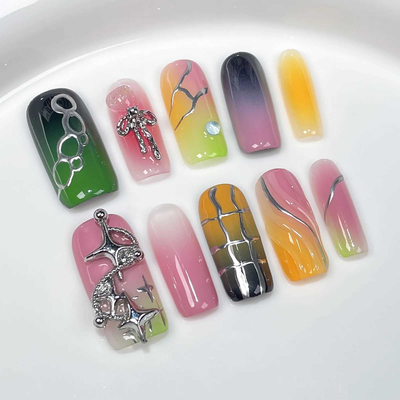10 pieces/1 set of powder blusher pressed nails with bow knot chip anti stain false nails for stage performance wearing S/M/L DIY nails H25429