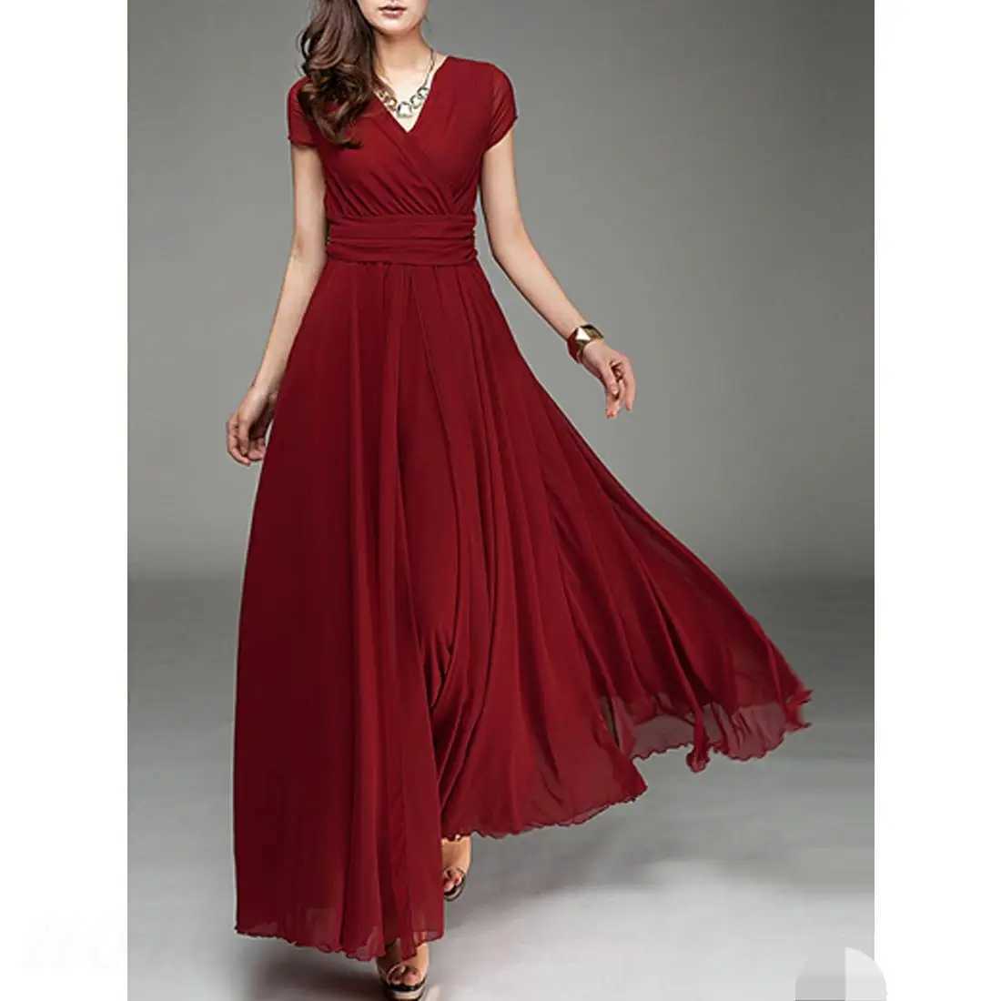 Womens Fashion V-neck Short sleeved Evening Dress Temperature Solid Color Long Cocktail Chiffon High Waist Summer Dress W250430