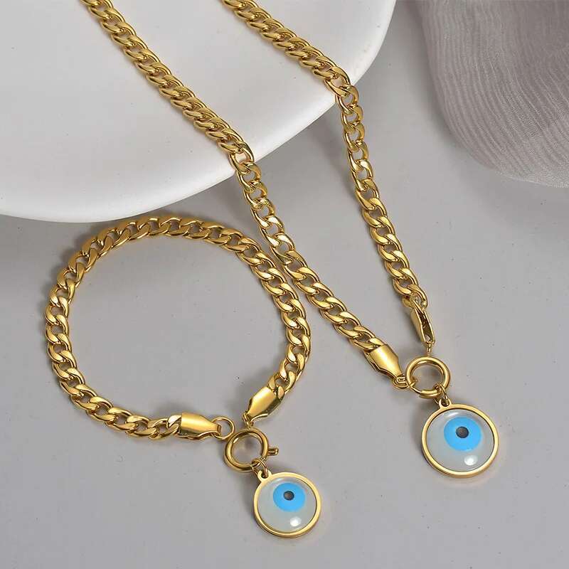 2024Fashion Trendy Blue Eye Pendant Necklace Bracelet Set Simple Stainless Steel Gold Color Jewelry For Women Gift Free Shipping
