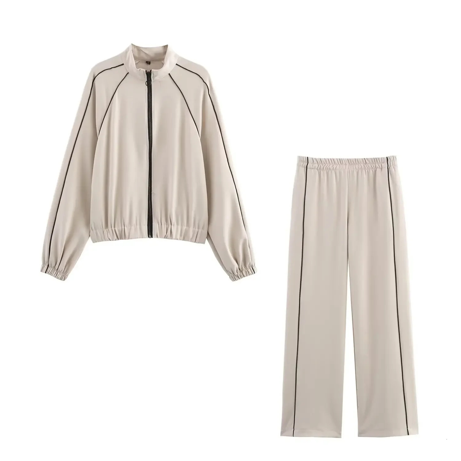 ZBZA Womens Bomber Jacket Mens Set Loose Stand Collar Zipper Long Sleeve Elastic Waist Straight Pants Spring Unique 250427